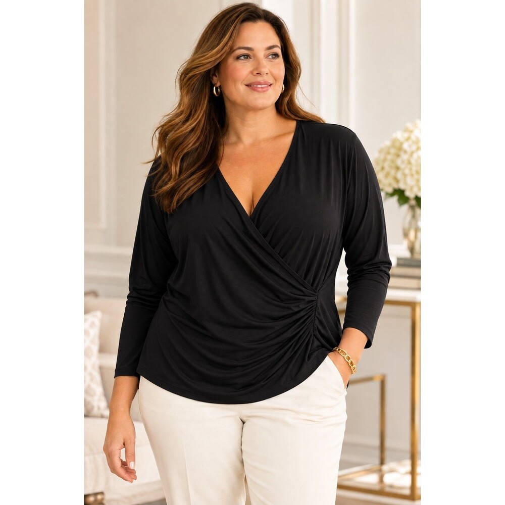 Talbots Faux Wrap Top Womens 3X Black Surplice Long Sleeve Stretch Ruched